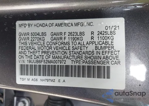 2021 Acura Tlx A-Spec Package из США, поврежденный, VIN 19UUB6F52MA007972